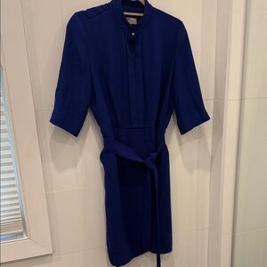 Hobbs Elegant Short-Sleeve Belted Blue Dress